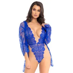 Leg Avenue Floral Lace Teddy and Robe Blue