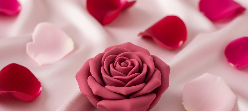 Rose-shaped clitoral toy among rose petals on blush satin